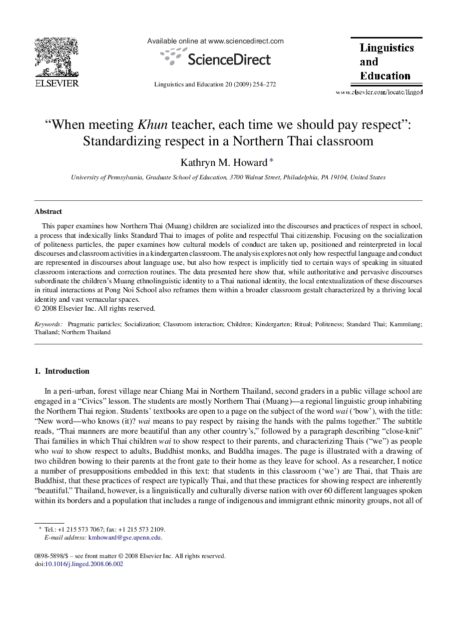 “When meeting Khun teacher, each time we should pay respect”: Standardizing respect in a Northern Thai classroom
