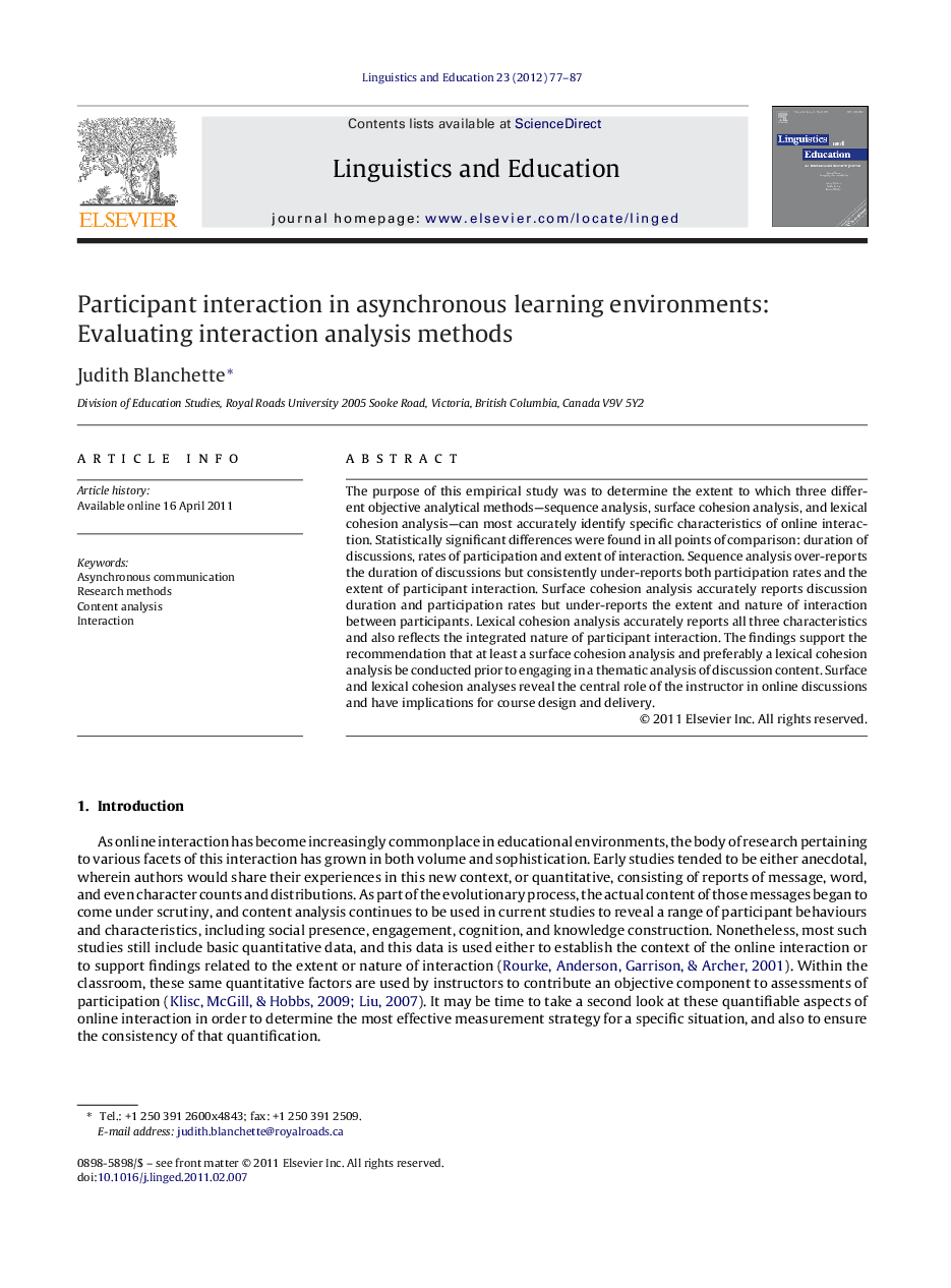 Participant interaction in asynchronous learning environments: Evaluating interaction analysis methods