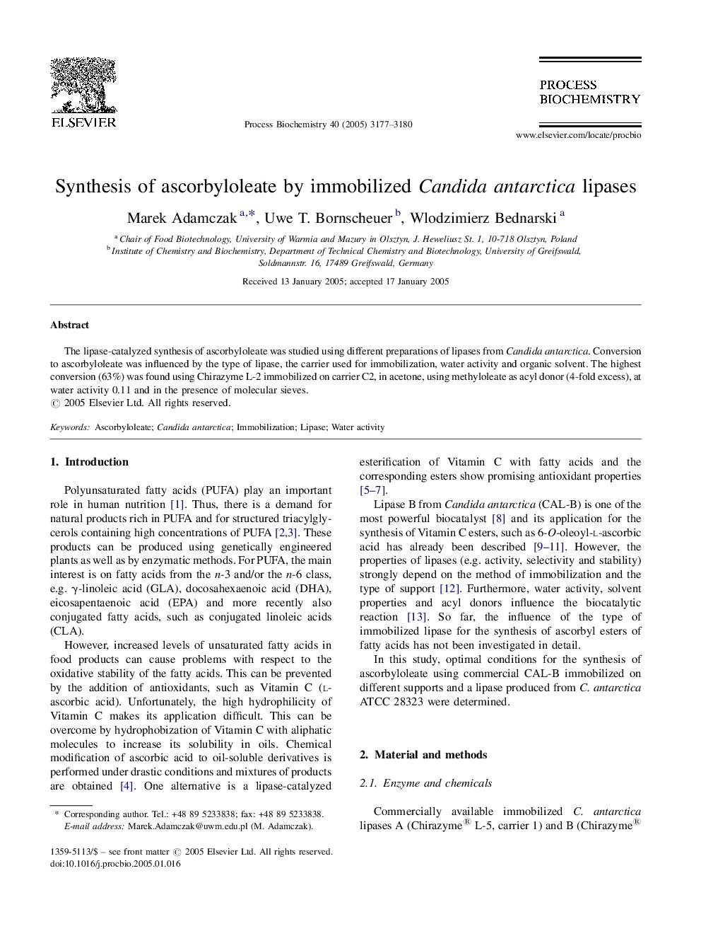 عکس صفحه اول مقاله: Synthesis of ascorbyloleate by immobilized Candida antarctica lipases Synthesis of ascorbyloleate by immobilized Candida antarctica lipases