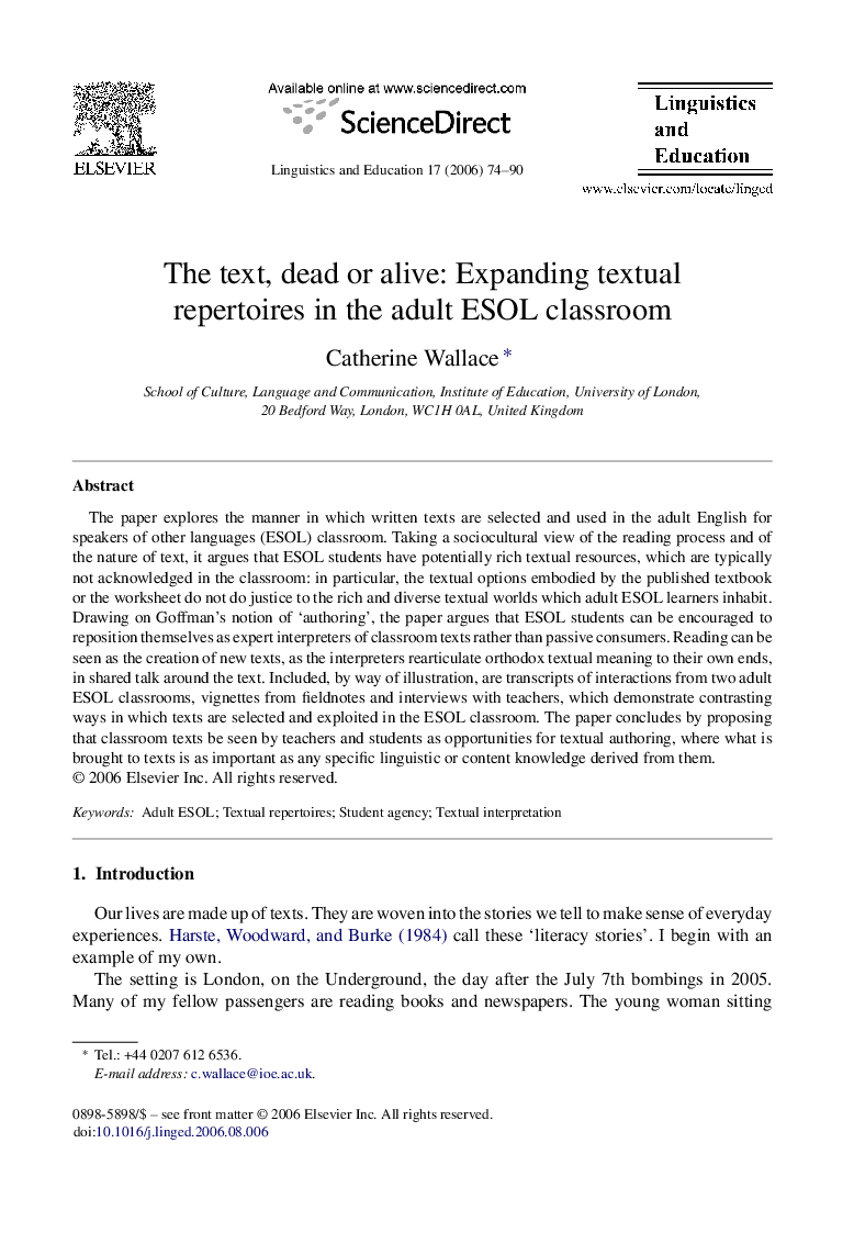 The text, dead or alive: Expanding textual repertoires in the adult ESOL classroom