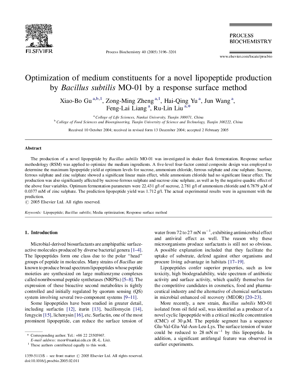 Optimization of medium constituents for a novel lipopeptide production by Bacillus subtilis MO-01 by a response surface method