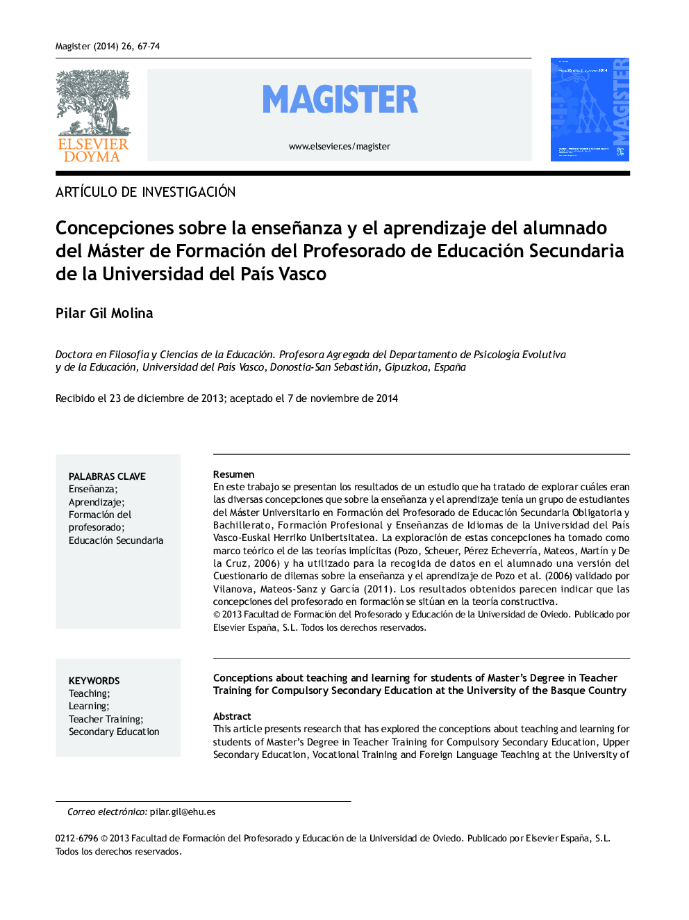 Concepciones sobre la enseñanza y el aprendizaje del alumnado del Máster de Formación del Profesorado de Educación Secundaria de la Universidad del PaÃ­s Vasco