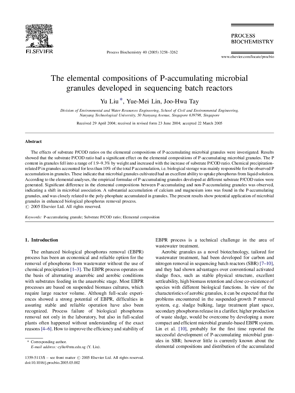 The elemental compositions of P-accumulating microbial granules developed in sequencing batch reactors