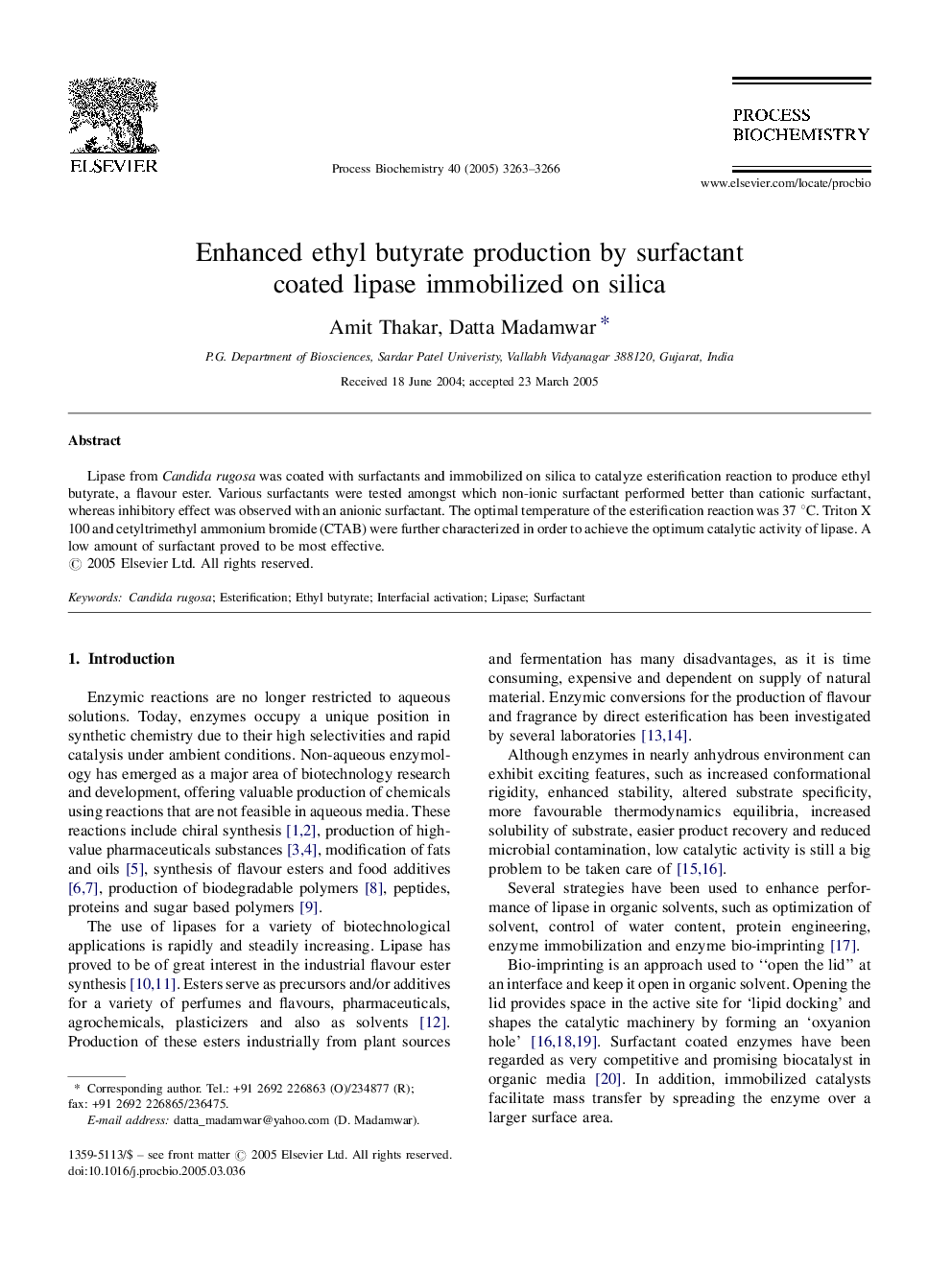 Enhanced ethyl butyrate production by surfactant coated lipase immobilized on silica