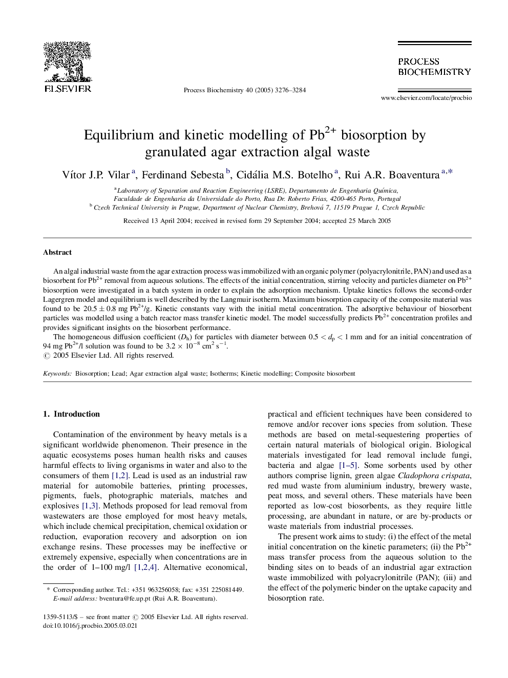 Equilibrium and kinetic modelling of Pb2+ biosorption by granulated agar extraction algal waste