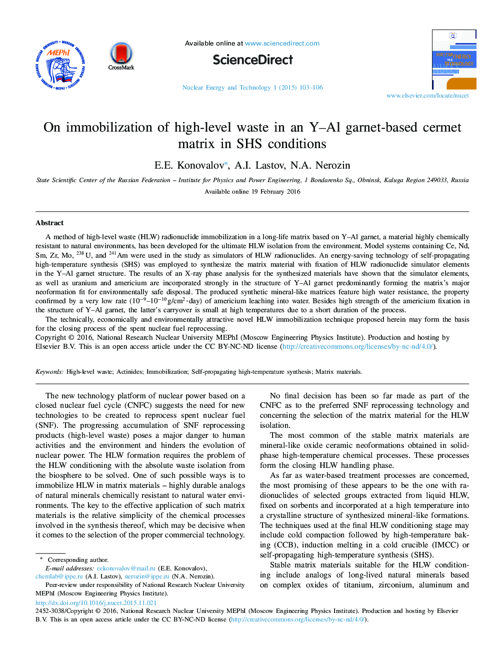 On immobilization of high-level waste in an Y–Al garnet-based cermet matrix in SHS conditions