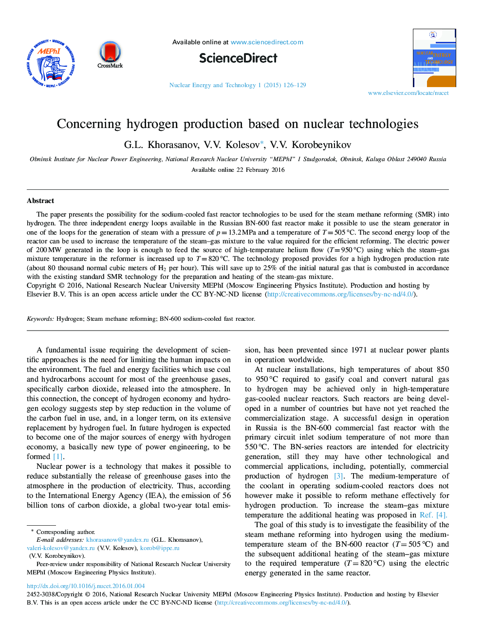 Concerning hydrogen production based on nuclear technologies