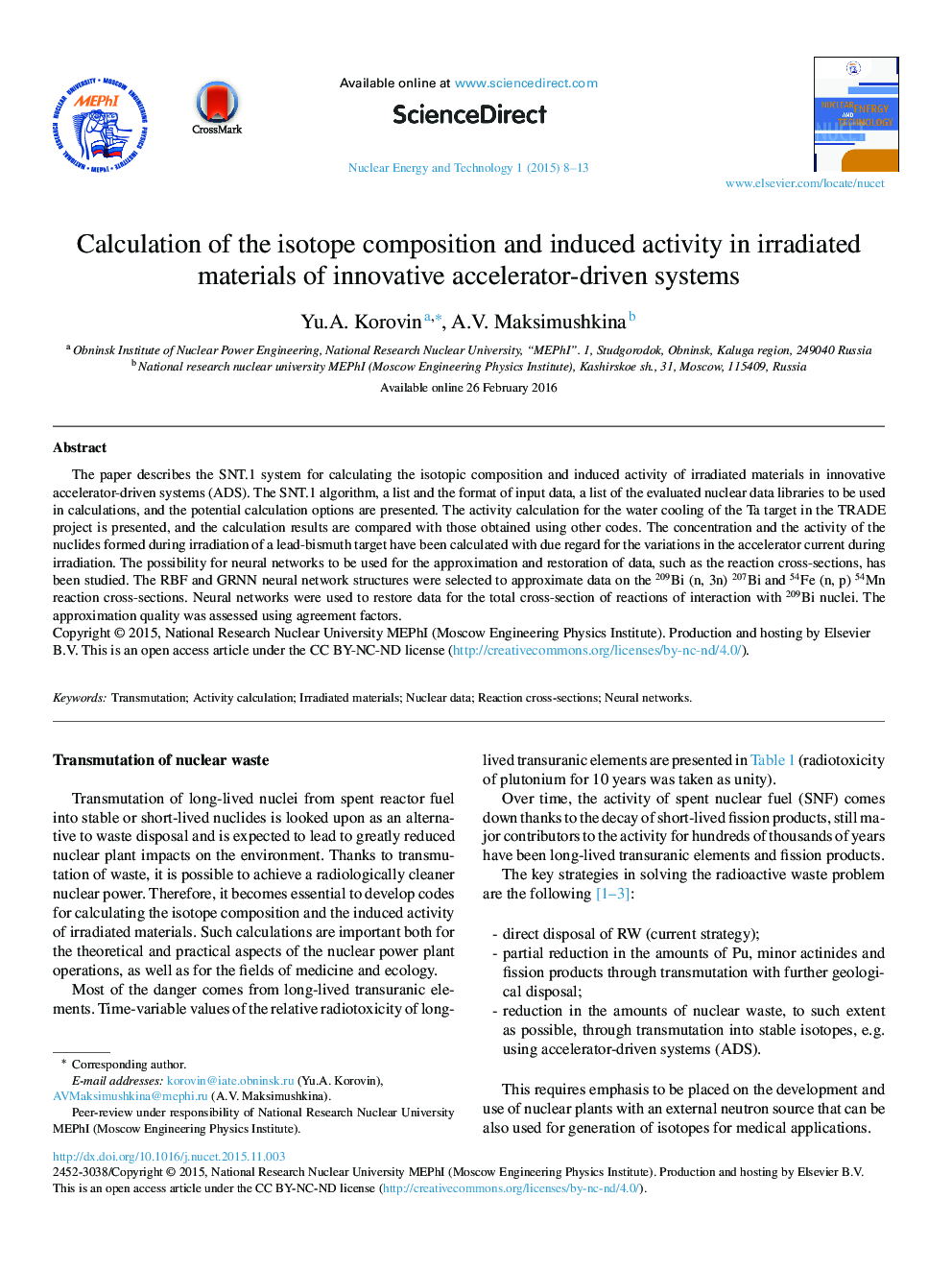 Calculation of the isotope composition and induced activity in irradiated materials of innovative accelerator-driven systems