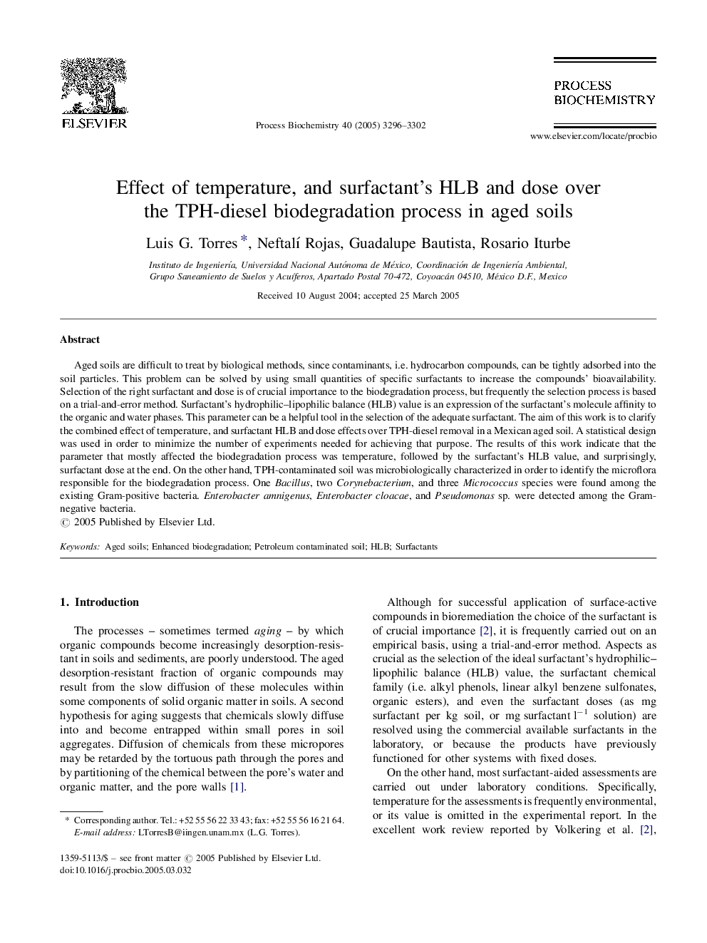 Effect of temperature, and surfactant's HLB and dose over the TPH-diesel biodegradation process in aged soils