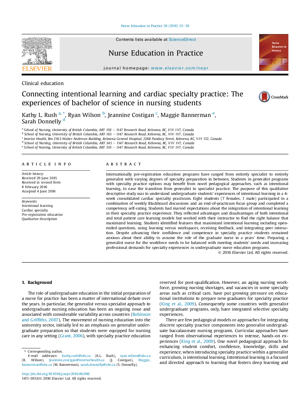 Connecting intentional learning and cardiac specialty practice: The experiences of bachelor of science in nursing students