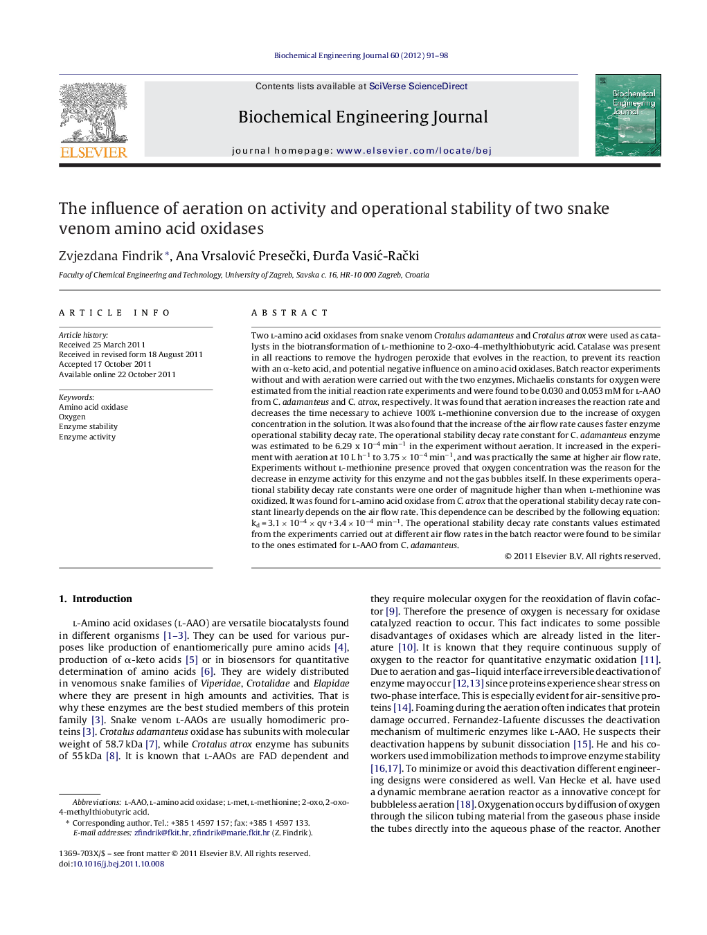 The influence of aeration on activity and operational stability of two snake venom amino acid oxidases