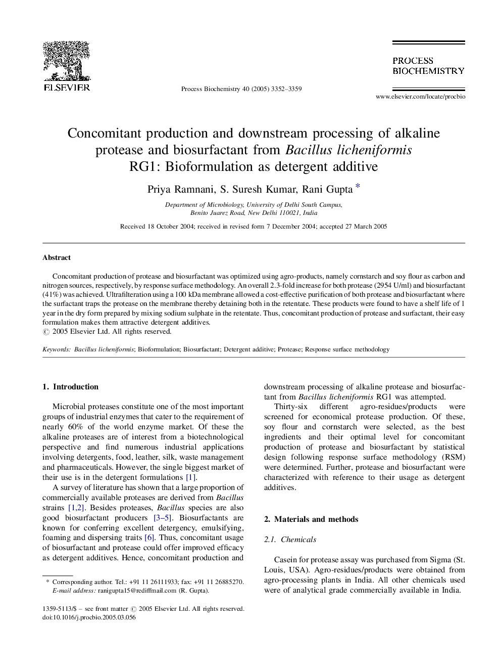 Concomitant production and downstream processing of alkaline protease and biosurfactant from Bacillus licheniformis RG1: Bioformulation as detergent additive