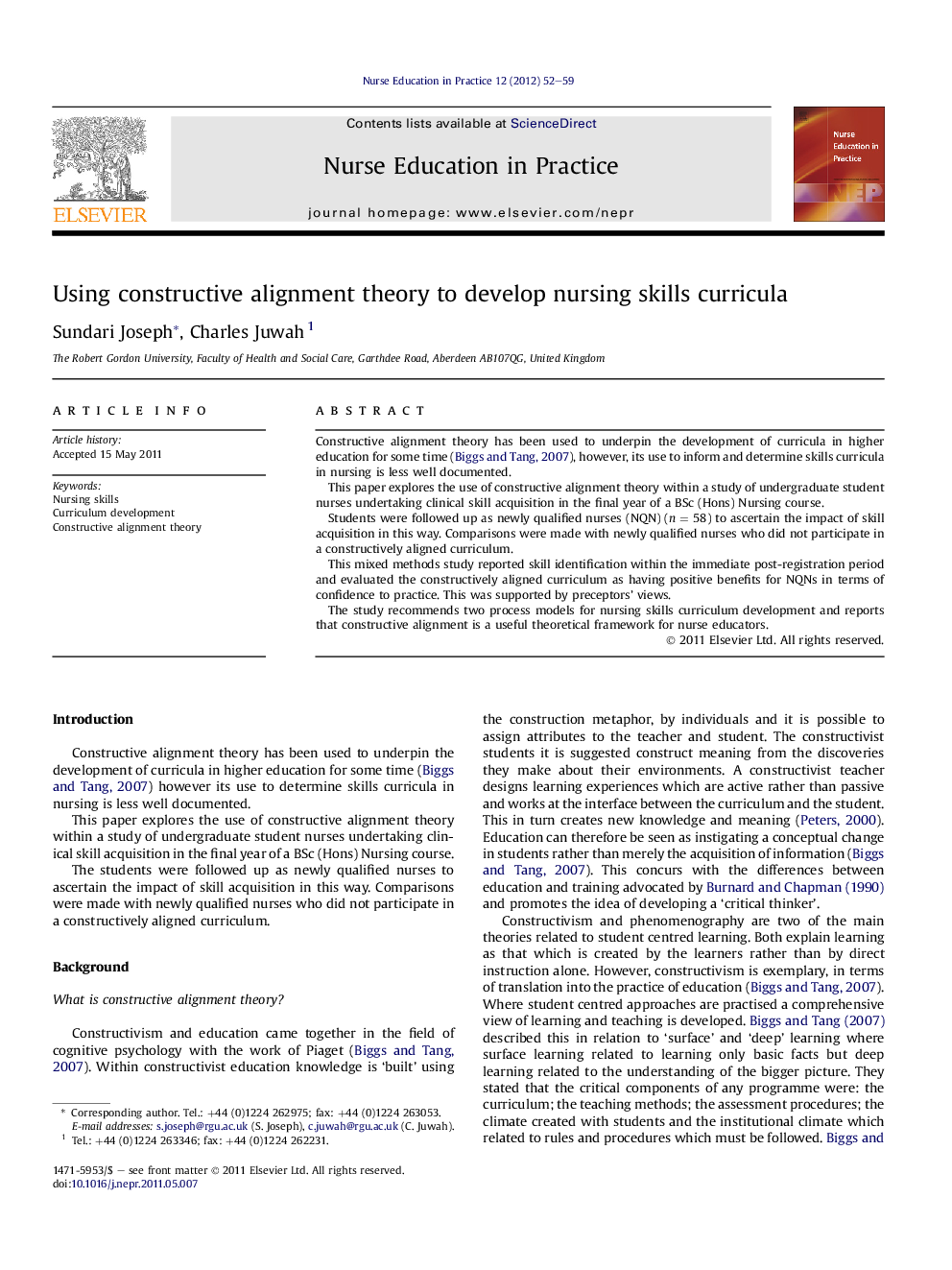 Using constructive alignment theory to develop nursing skills curricula