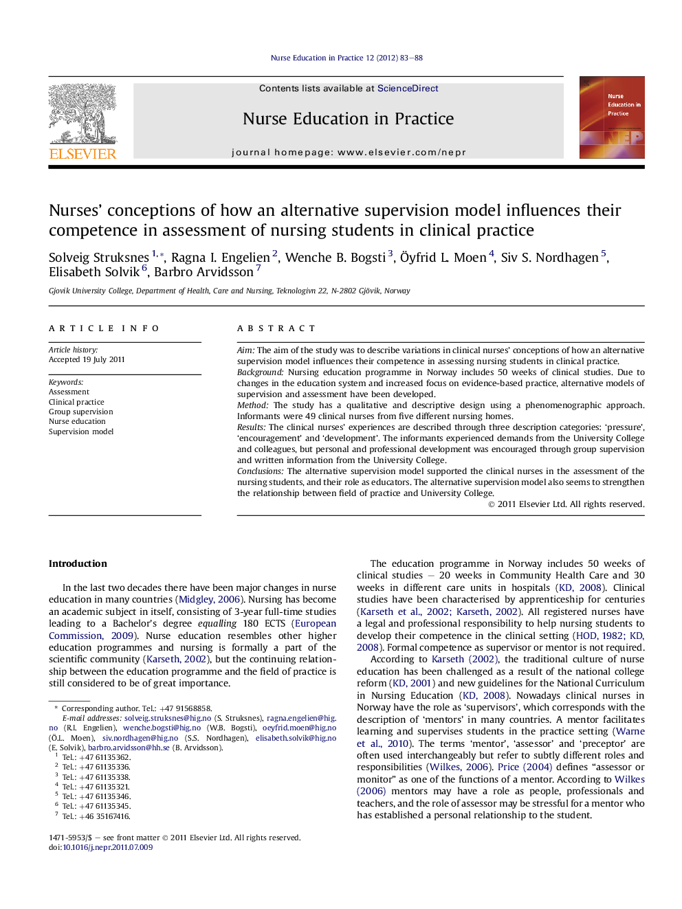 Nurses’ conceptions of how an alternative supervision model influences their competence in assessment of nursing students in clinical practice