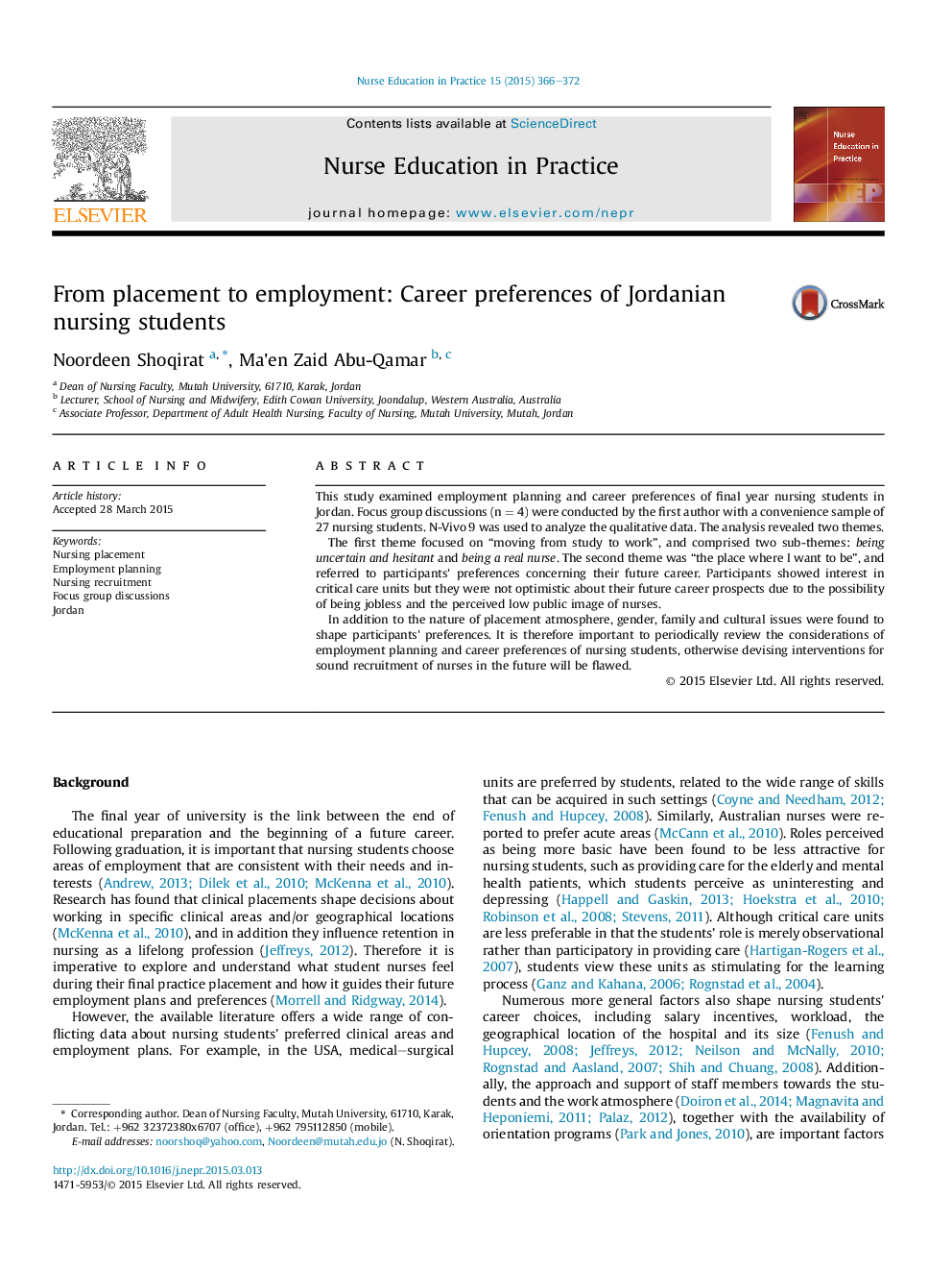 From placement to employment: Career preferences of Jordanian nursing students