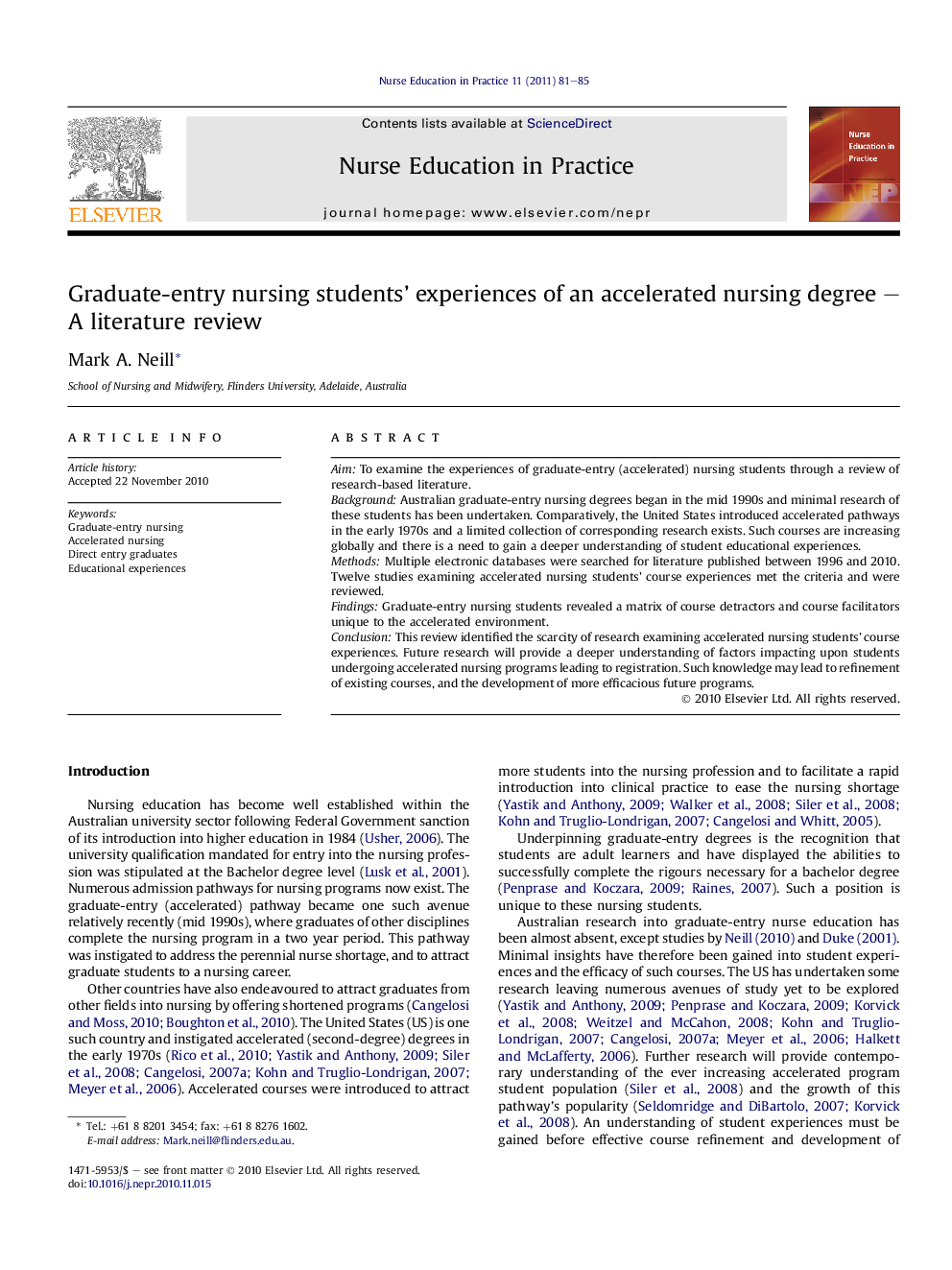 Graduate-entry nursing students’ experiences of an accelerated nursing degree – A literature review