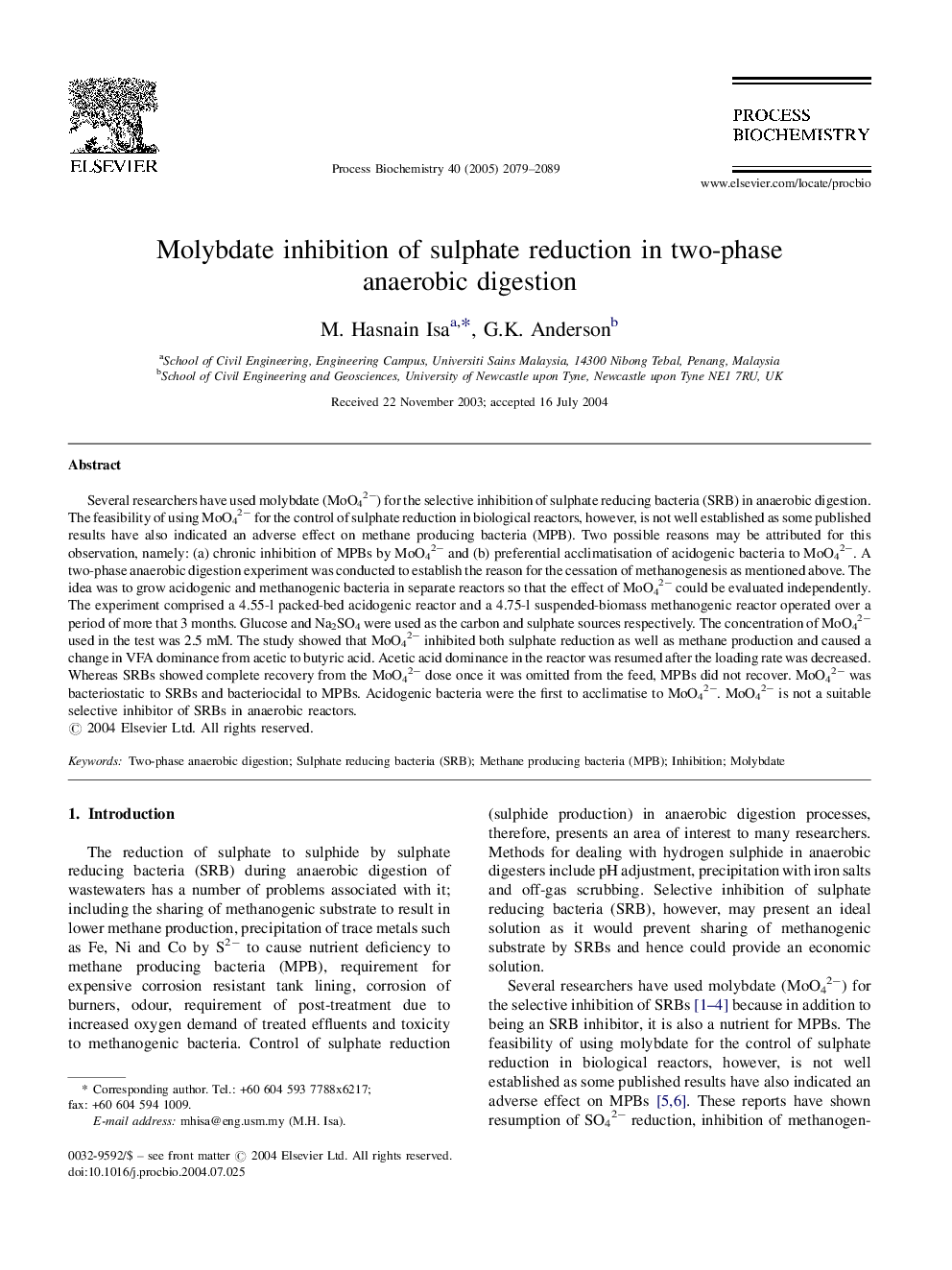 Molybdate inhibition of sulphate reduction in two-phase anaerobic digestion