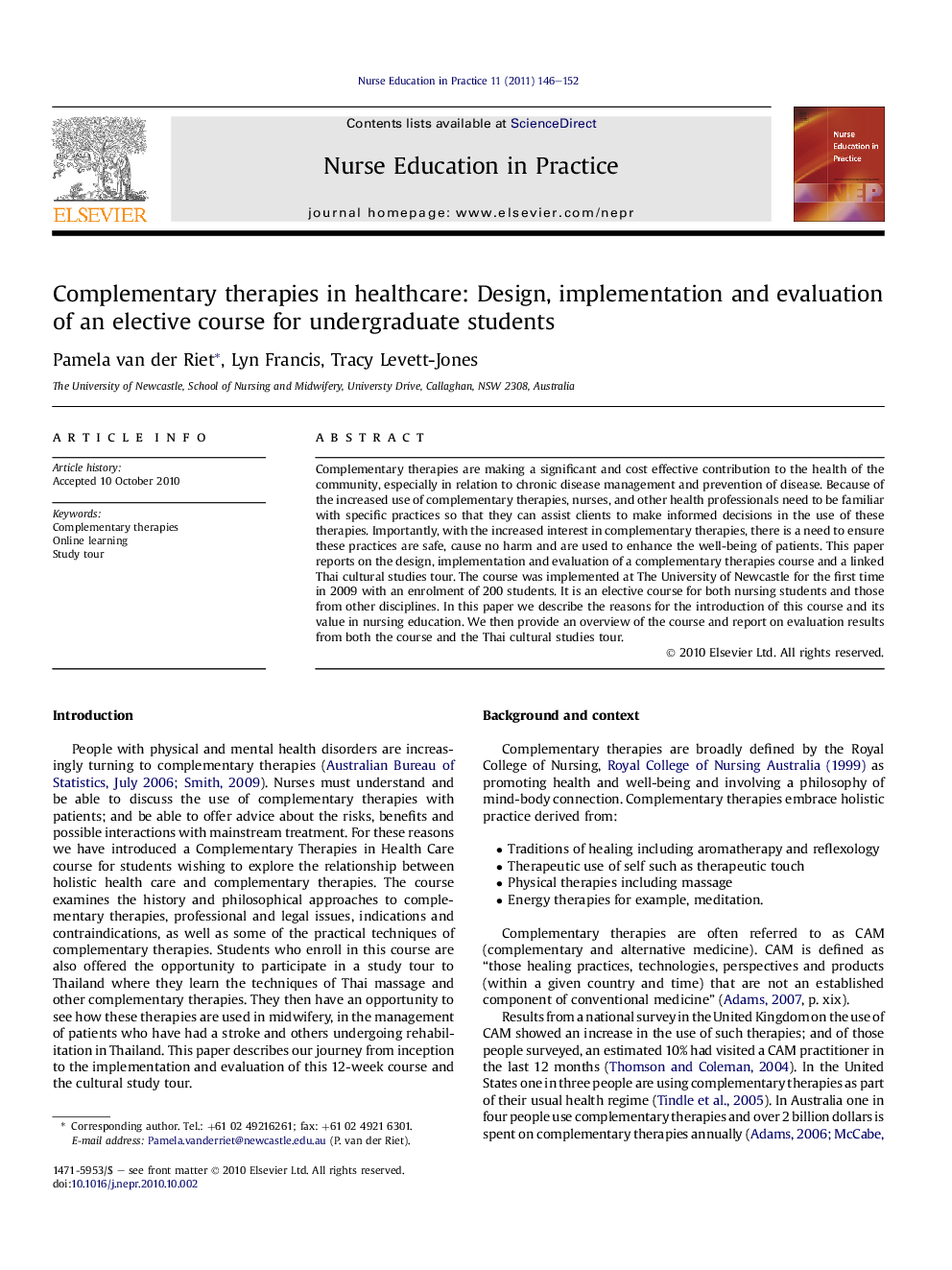 Complementary therapies in healthcare: Design, implementation and evaluation of an elective course for undergraduate students