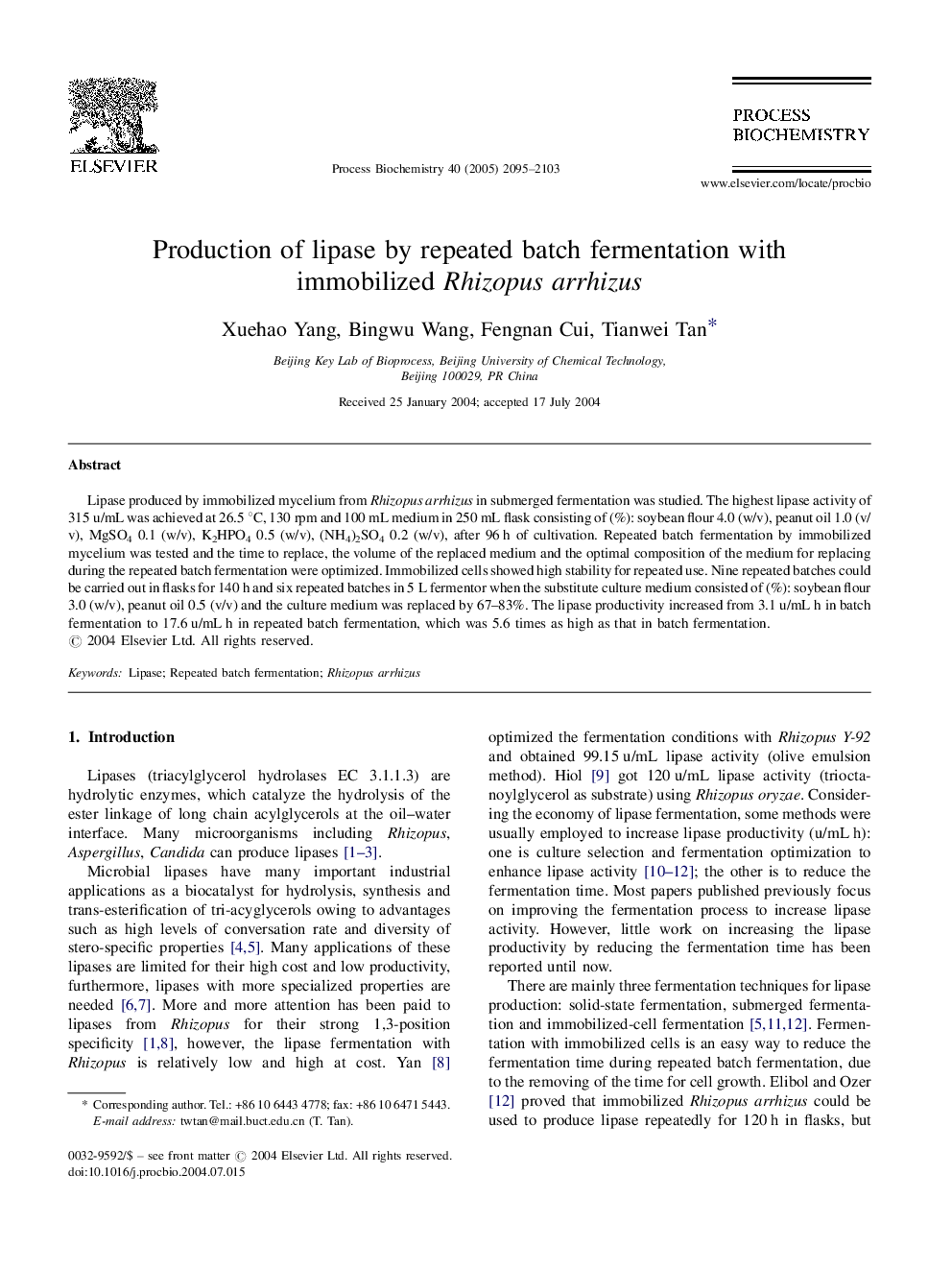 Production of lipase by repeated batch fermentation with immobilized Rhizopus arrhizus