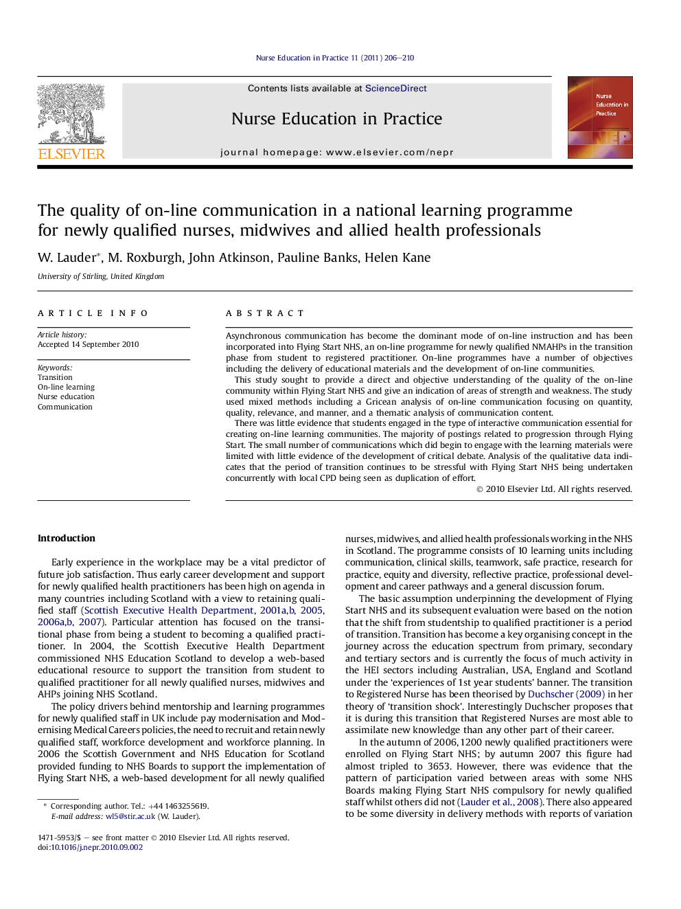 The quality of on-line communication in a national learning programme for newly qualified nurses, midwives and allied health professionals