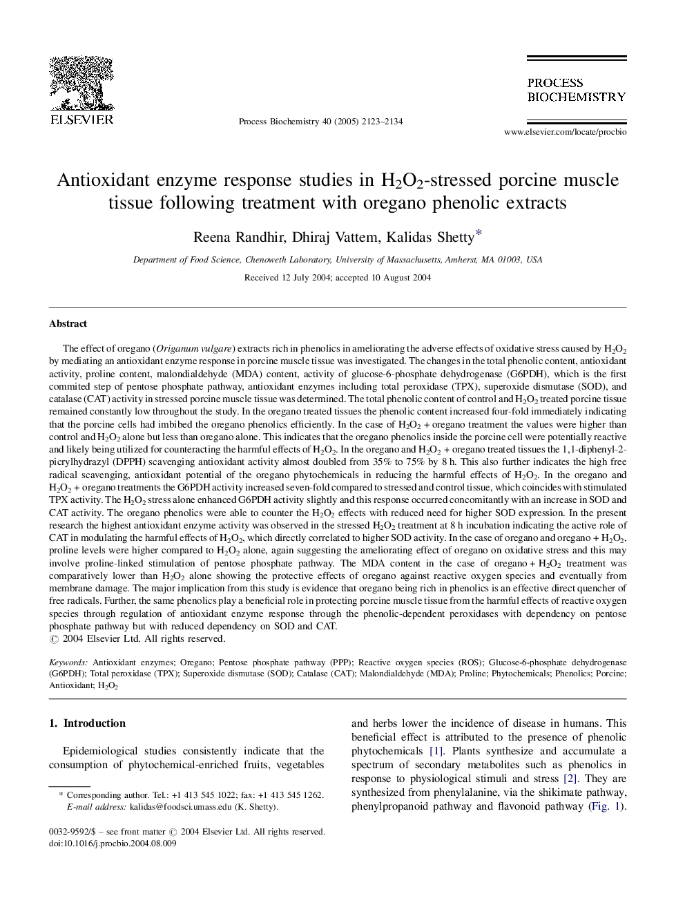 Antioxidant enzyme response studies in H2O2-stressed porcine muscle tissue following treatment with oregano phenolic extracts