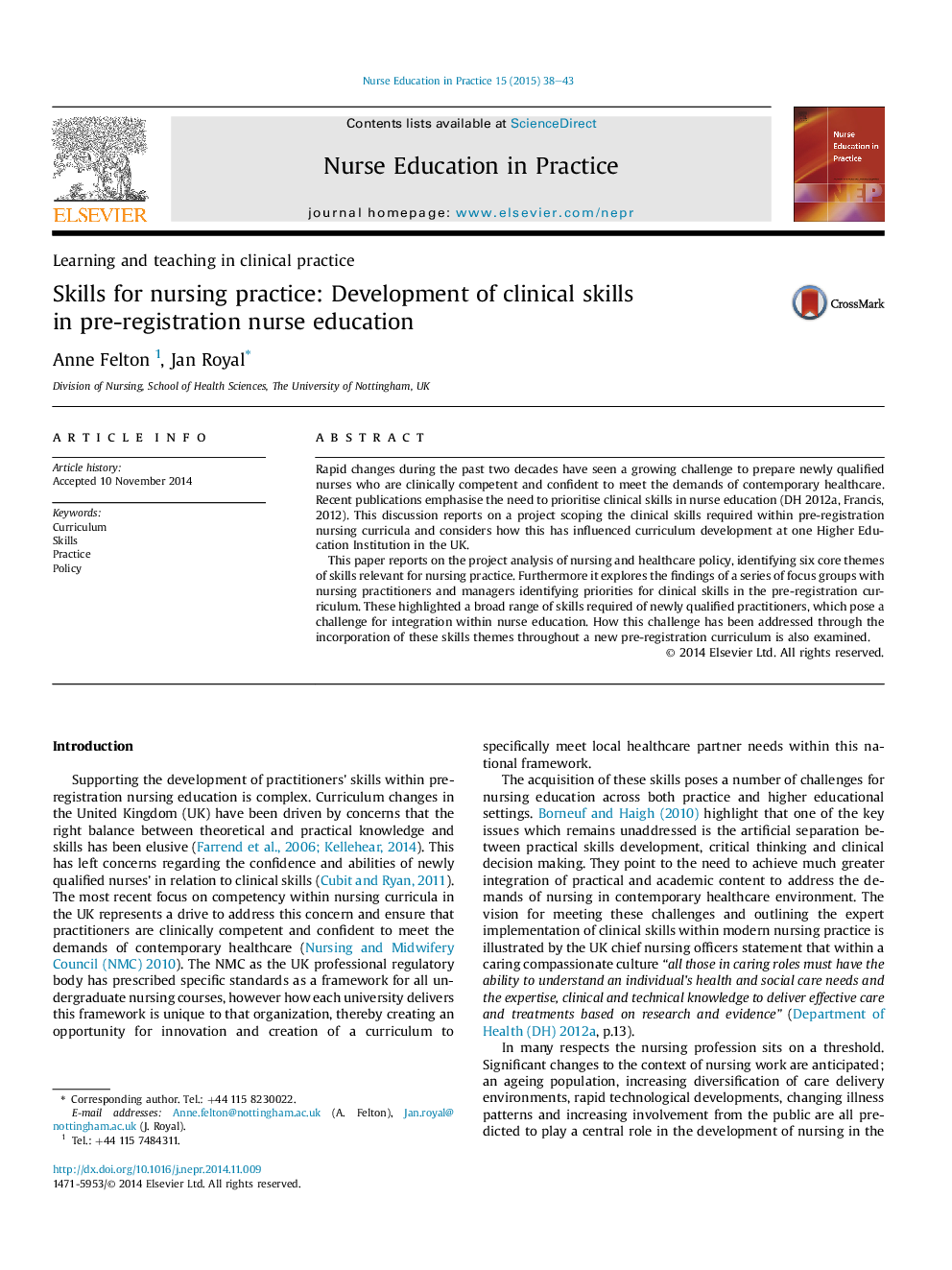 Skills for nursing practice: Development of clinical skills in pre-registration nurse education