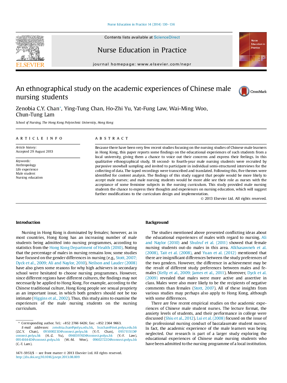 An ethnographical study on the academic experiences of Chinese male nursing students