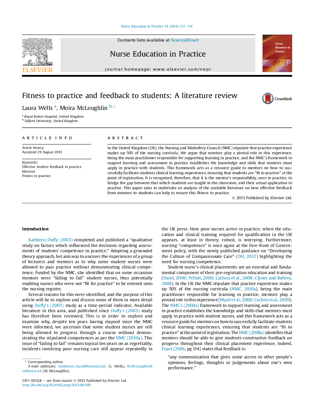 Fitness to practice and feedback to students: A literature review