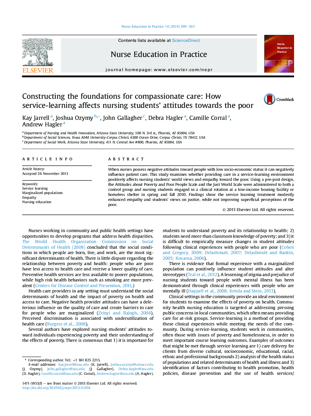 Constructing the foundations for compassionate care: How service-learning affects nursing students' attitudes towards the poor