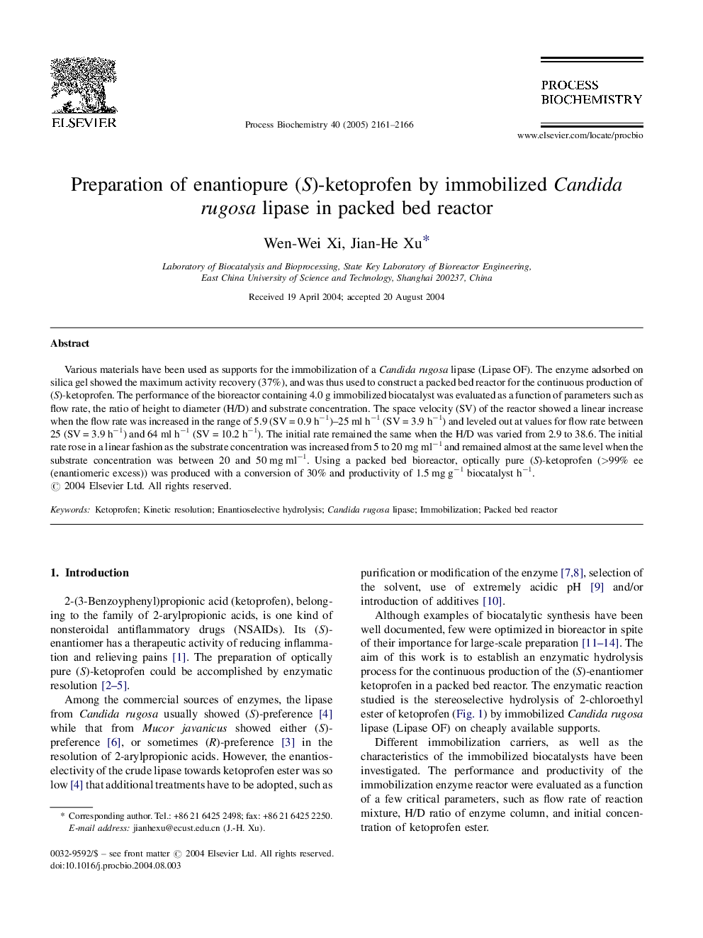 عکس صفحه اول مقاله: Preparation of enantiopure (S)-ketoprofen by immobilized Candidarugosa lipase in packed bed reactor Preparation of enantiopure (S)-ketoprofen by immobilized Candidarugosa lipase in packed bed reactor