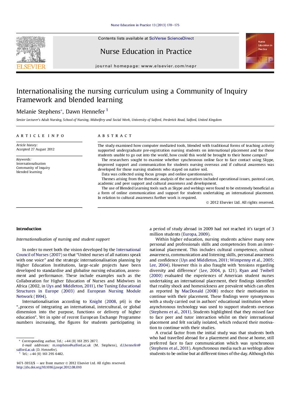 Internationalising the nursing curriculum using a Community of Inquiry Framework and blended learning