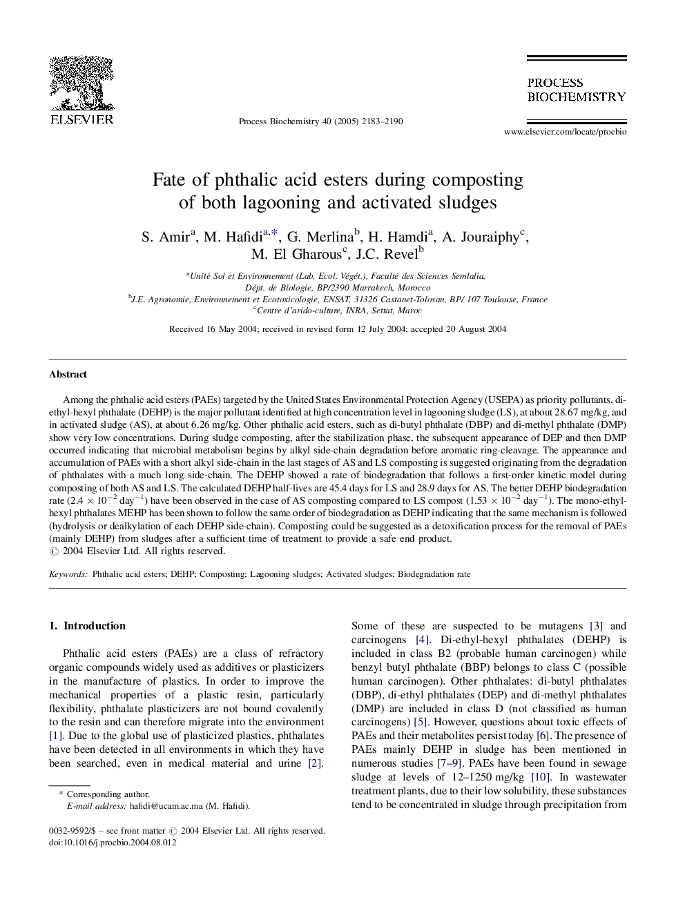 Fate of phthalic acid esters during composting of both lagooning and activated sludges