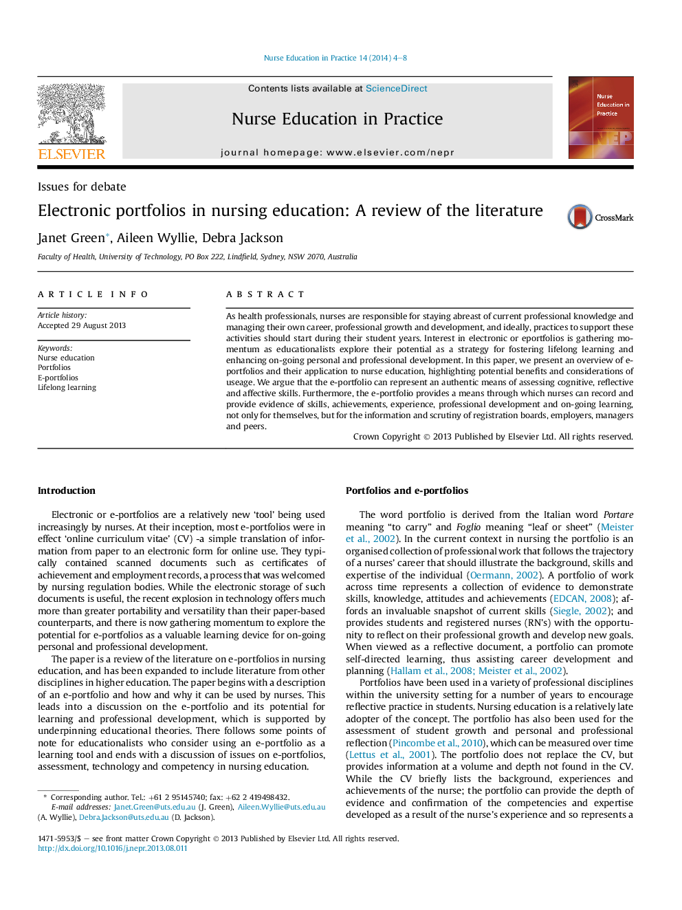 Electronic portfolios in nursing education: A review of the literature