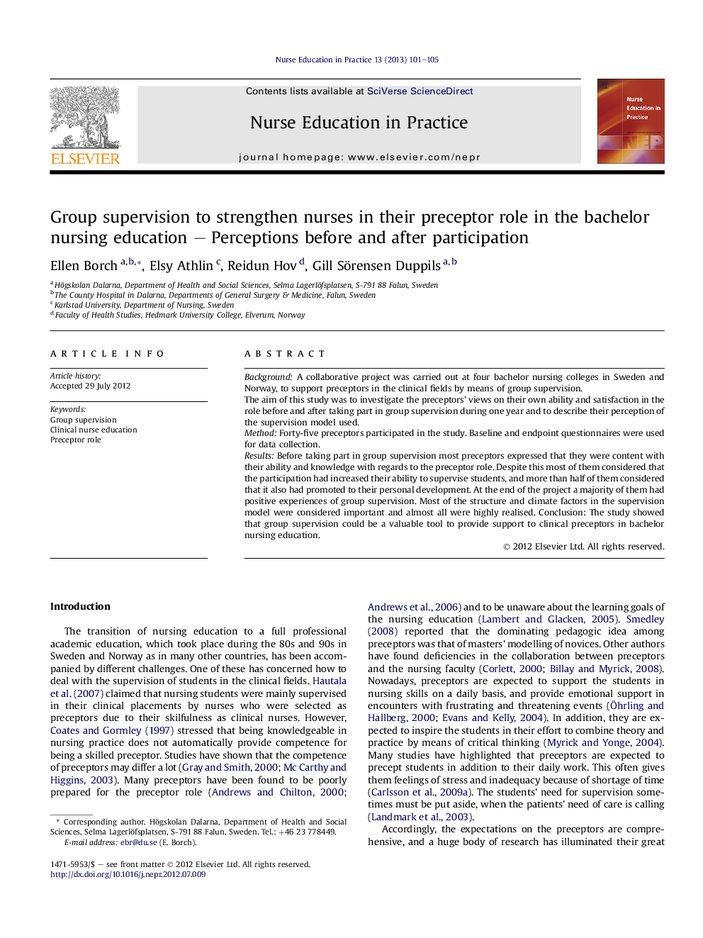 Group supervision to strengthen nurses in their preceptor role in the bachelor nursing education – Perceptions before and after participation