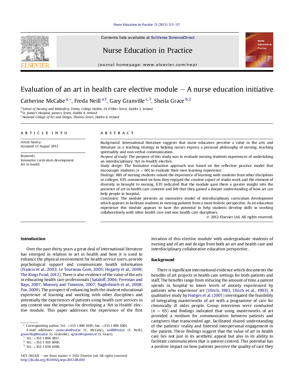 Evaluation of an art in health care elective module – A nurse education initiative