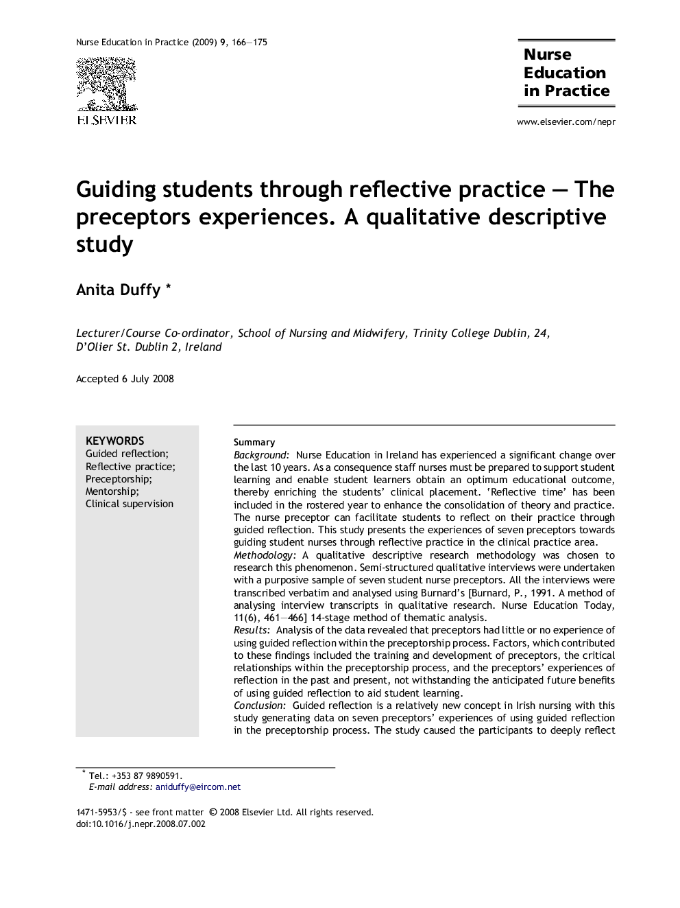 Guiding students through reflective practice – The preceptors experiences. A qualitative descriptive study
