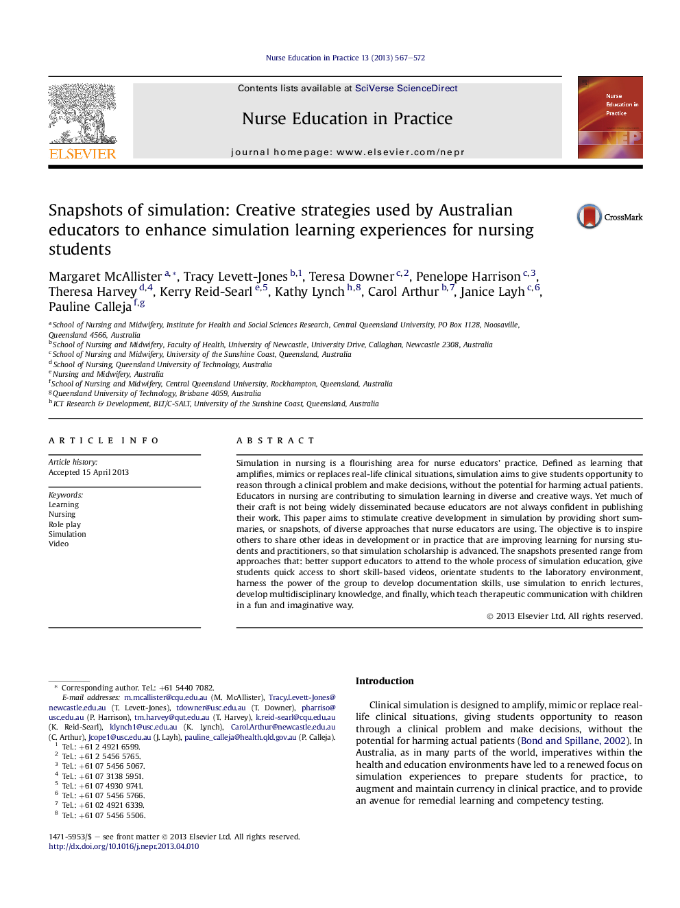 Snapshots of simulation: Creative strategies used by Australian educators to enhance simulation learning experiences for nursing students