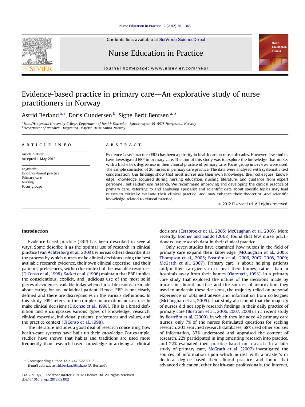 Evidence-based practice in primary care—An explorative study of nurse practitioners in Norway