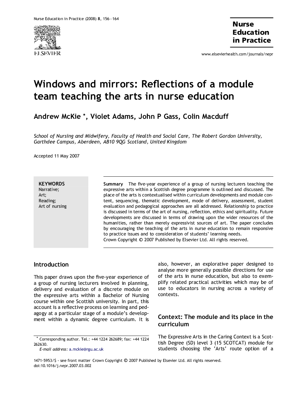 Windows and mirrors: Reflections of a module team teaching the arts in nurse education