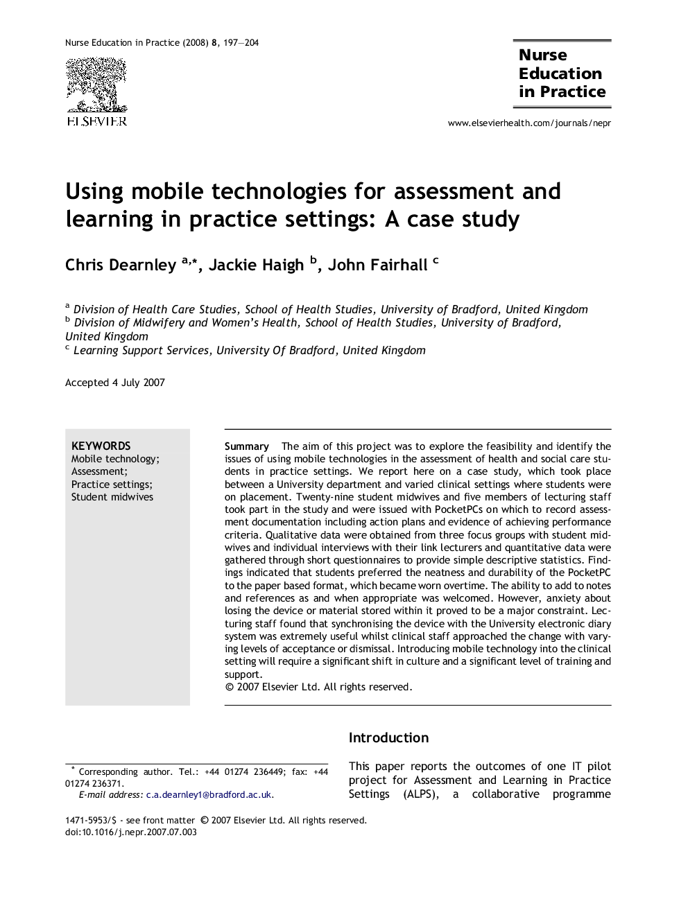 Using mobile technologies for assessment and learning in practice settings: A case study