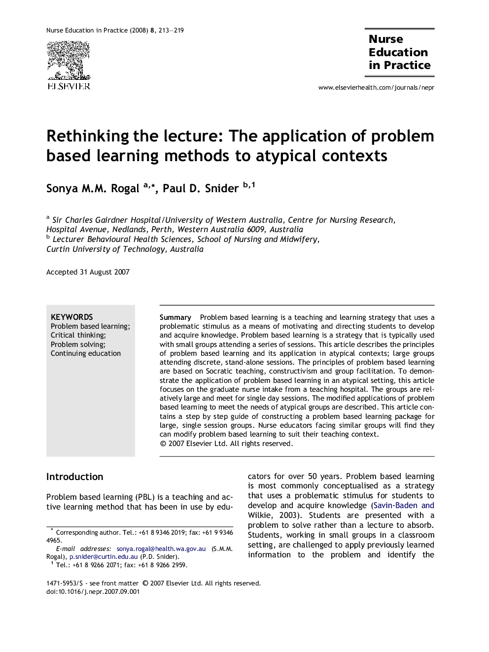 Rethinking the lecture: The application of problem based learning methods to atypical contexts