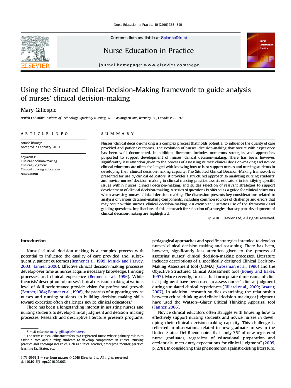 Using the Situated Clinical Decision-Making framework to guide analysis of nurses’ clinical decision-making