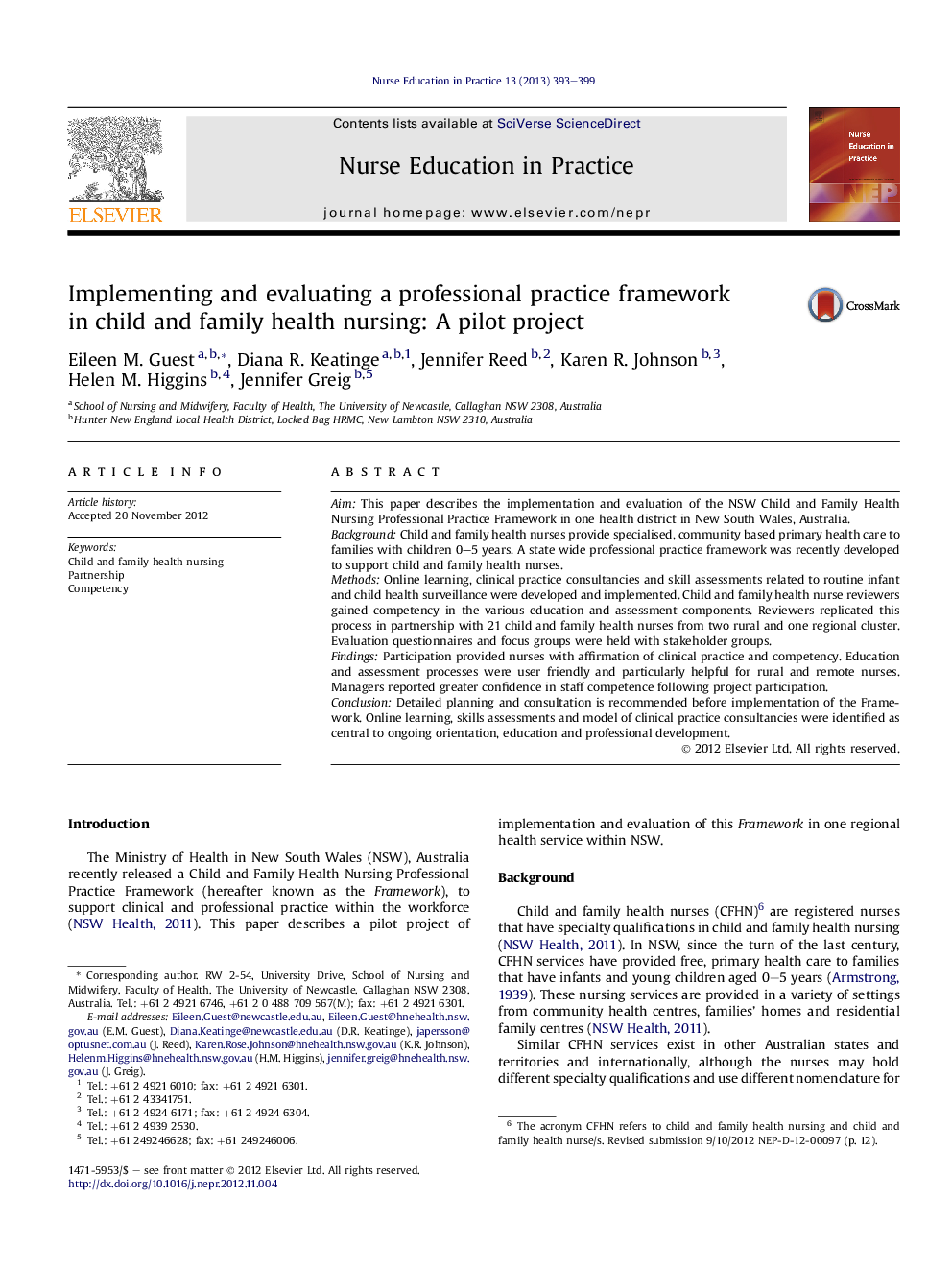 Implementing and evaluating a professional practice framework in child and family health nursing: A pilot project