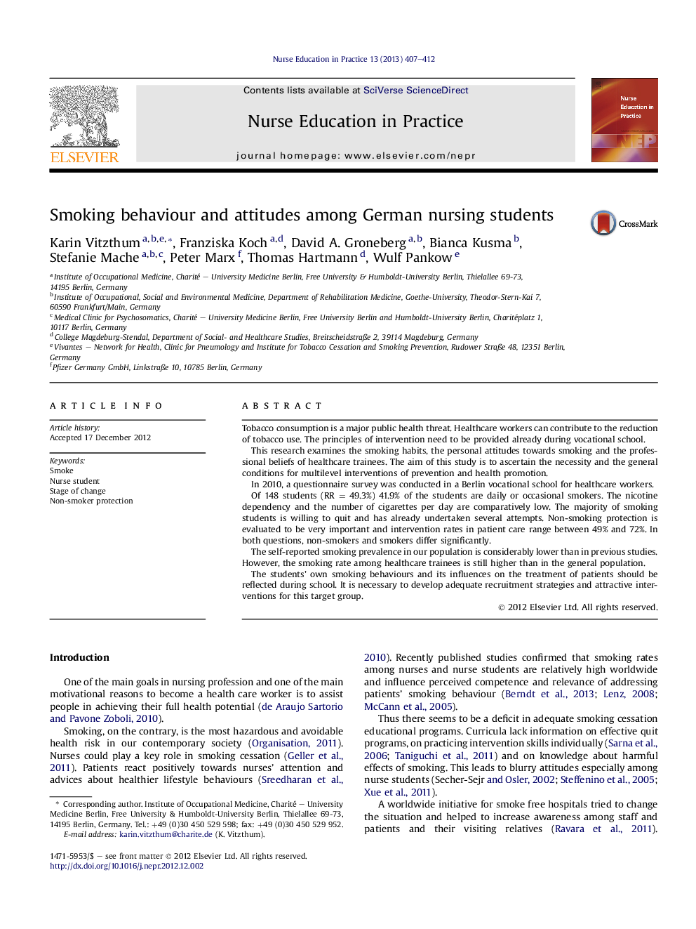 Smoking behaviour and attitudes among German nursing students