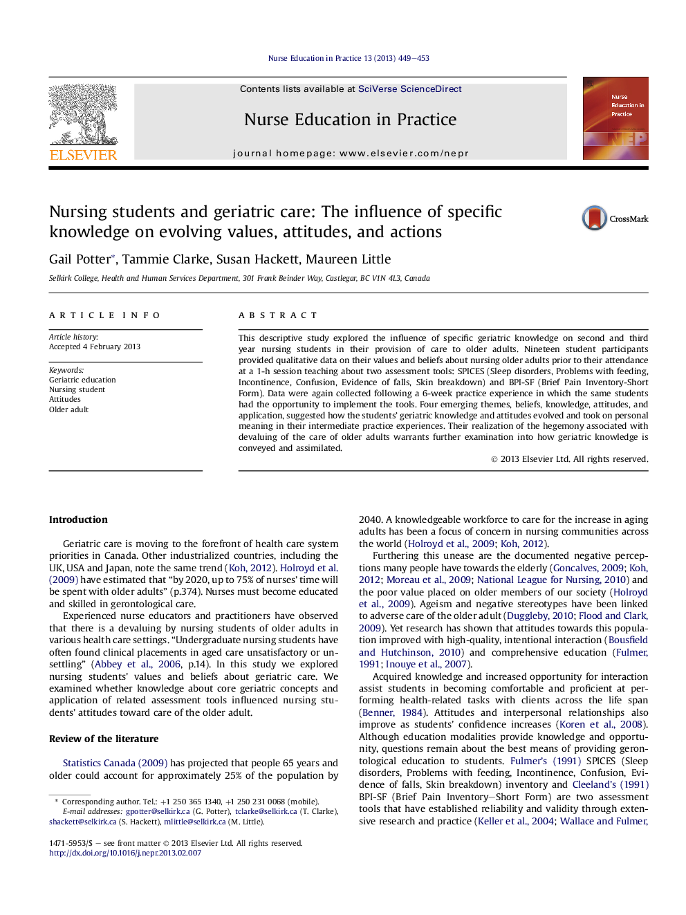 Nursing students and geriatric care: The influence of specific knowledge on evolving values, attitudes, and actions