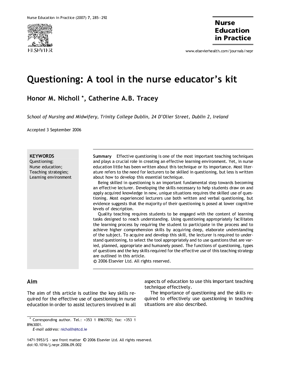 Questioning: A tool in the nurse educator’s kit