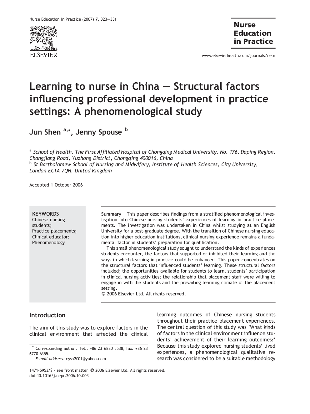 Learning to nurse in China – Structural factors influencing professional development in practice settings: A phenomenological study
