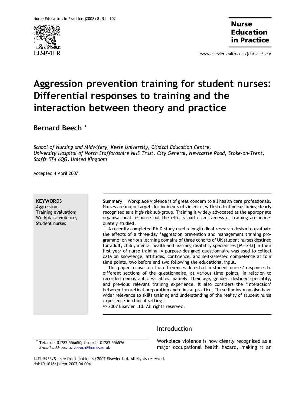 Aggression prevention training for student nurses: Differential responses to training and the interaction between theory and practice