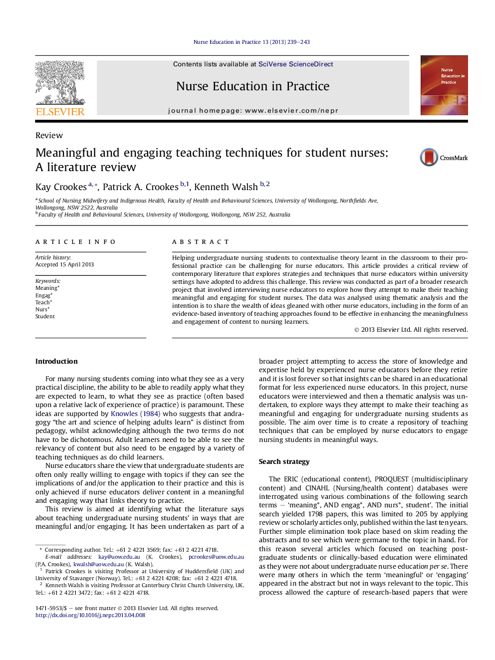 عکس صفحه اول مقاله: Meaningful and engaging teaching techniques for student nurses: A literature review Meaningful and engaging teaching techniques for student nurses: A literature review