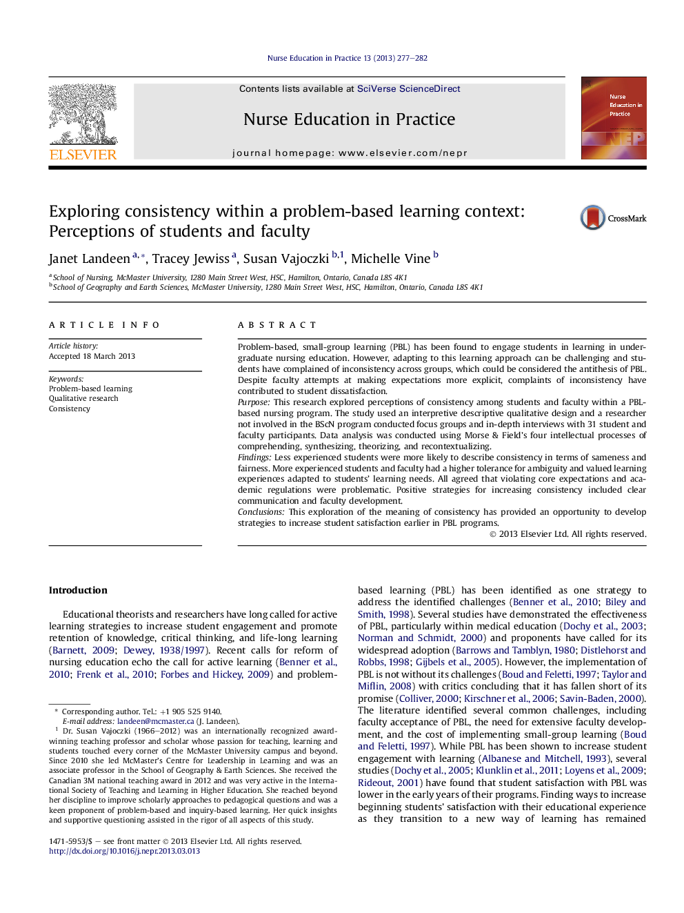 Exploring consistency within a problem-based learning context: Perceptions of students and faculty